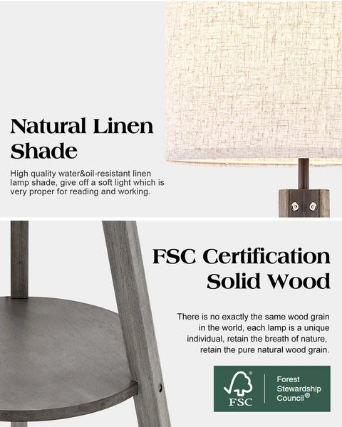 Solid Wood Tripod Floor Lamp with Built-In Table and Corner Shelf showing natural linen shade and FSC-certified wood