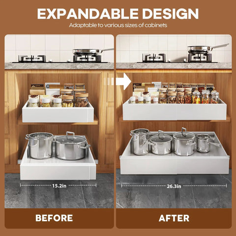 Two Pack Zero Fuss Pull Out Cabinet Organizers Built Like A Tank Smooth As Butter Roll Out Shelves Adjusts 15 To 26 Inches Wide, showing before and after expansion.