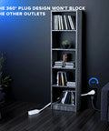 360 Degree Rotating Flat Plug Extension Cord With Three Outlets, 16 AWG 1 Foot, behind bookcase, showing plug design