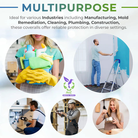 White Disposable Coveralls With Hood For Men And Women Pack Of 5 Microporous Lab Painter Hazmat Suits With Storm Flap Zipper 60 GSM Large Durable Go To Workwear Dust Proof Chemical Resistant Protection For Work showing multipurpose use in cleaning, painting, plumbing, and construction