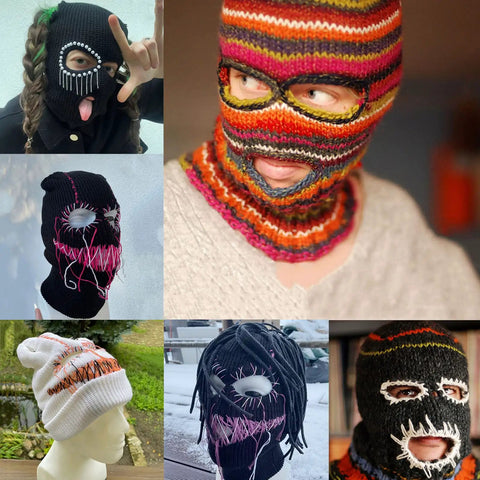 Collage of colorful distressed Halloween balaclava full face masks with knit beanie hooded style for winter ski mask set
