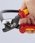 Close-up of StepCut XL Cable Shears 1000V Insulated 9 Inch Beefy High Leverage Cable Cutters cutting copper wire