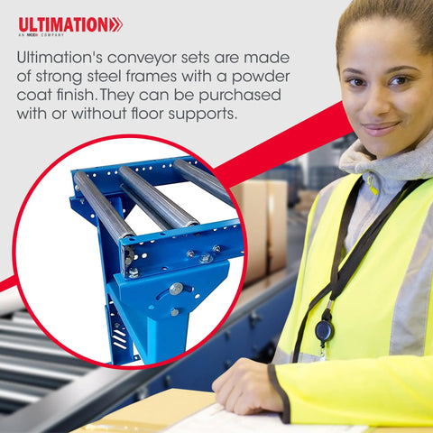 Ultimation Light Duty Roller Stand With Adjustable Steel Conveyor Rollers Galvanized 12 Inch By 5 Feet showing details of strong steel frame and rollers.
