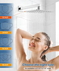 Polished Chrome 12 Inch Square Rain Shower System With Wall Mount High Pressure Rain Shower Head Handheld Sprayer And Rough In Valve With Trim Included For An Easy DIY Bathroom Upgrade viewed showering in use
