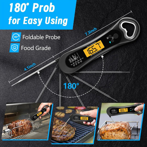 Digital Meat Thermometer With 3 Second Instant Read Temperature Range From 58 Below To 572 Fahrenheit featuring foldable probe and bottle opener