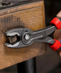 8 Inch Comfort Grip Pliers with front and side gripping holding a hex bolt, 5 position push button adjustment visible