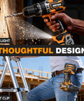 Go-To 20V Max Cordless Hammer Drill with 620 in-lb torque, on belt clip, showing LED light feature in use on wood.