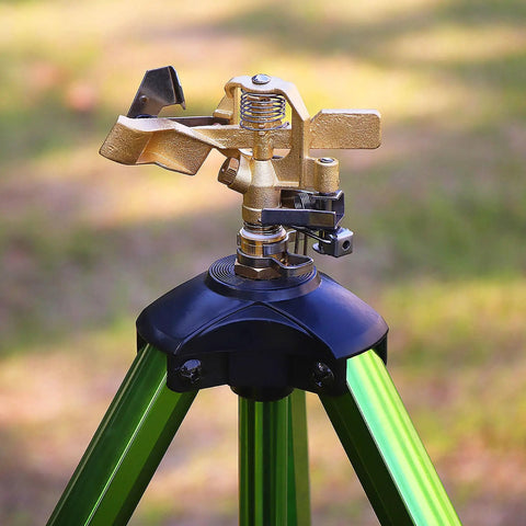 Brass nozzle on green tripod from 2 Pack Impact Sprinklers On Tripod Bases With Stakes 360 Degree Coverage Irrigation System