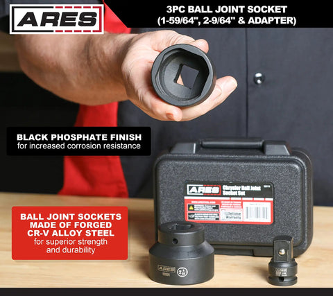 3 Piece Ball Joint Socket Set, 3/4 Inch Drive, for Chrysler Dodge Jeep, with sockets and adapter in black finish on table