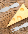 Travel Friendly 5 Piece Cheese Knife Set With Butter Spreader Stainless Steel Utensils on wood with cheese