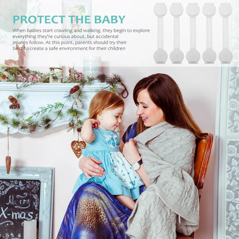 Mother holding toddler with 'Protect the Baby' text and 10 Pack White ABS Childproofing Safety Locks for Cabinets and Trash Cans image.
