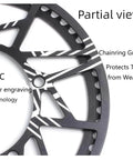 Close-up of Universal Bike Chainring 130mm BCD CNC laser engraved aluminum guard, showing partial view of teeth protection.