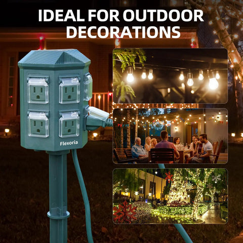 All Year Ready Outdoor Power Strip With Weather Resistant Build, 25 Foot Extension Cord, Six Grounded Outlets in garden setting.