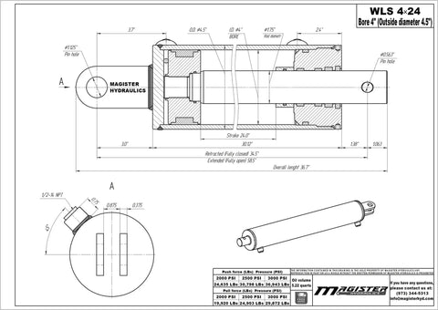 Tough As Nails Welded Double Acting Hydraulic Cylinder 4 Inch Bore 24 Inch Stroke 1.75 Inch Rod technical diagram.