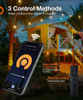 48 Feet LED Outdoor String Lights With App And Remote Control Dimmable Waterproof Patio Lighting hanging in a backyard with app control