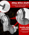 Drill Nibbler Sheet Metal Cutter Attachment with alloy drive shaft and double wheel sawtooth design for cutting steel and vinyl.
