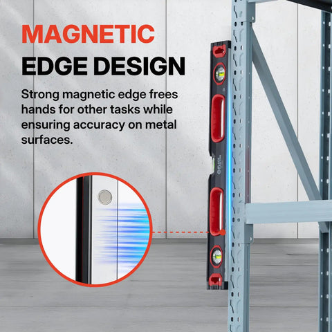 Heavy Duty 48 Inch Aluminum Box Level Featuring A Nifty Magnetic Base for Spot On Plumb and Level Reads Vertical Horizontal Vials Hang Loop, showing magnetic edge design on a metal surface.