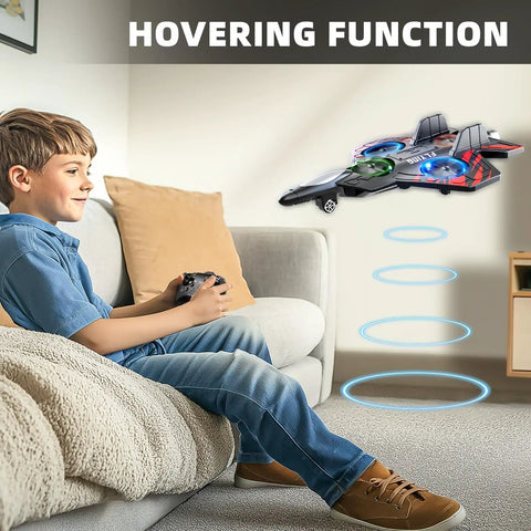 Foam RC Airplane With Colorful Lights For Kids And Adults, 360 Flip Stunts, hovering indoors with a child playing.