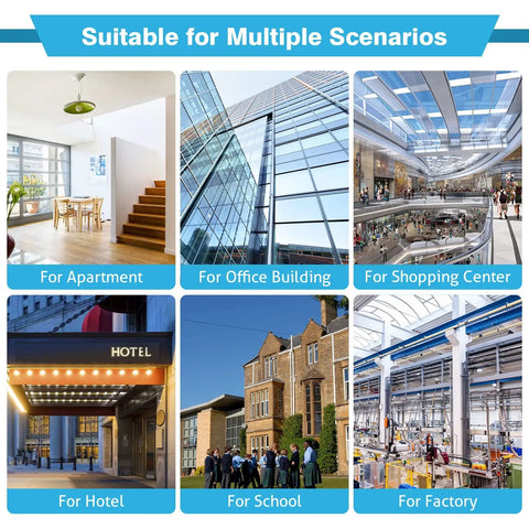 Suitability of panic exit device for apartments, office buildings, shopping centers, hotels, schools, and factories.