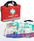 Red General Medi first aid kit bag with reflective strip; 309-piece kit including bandages, moleskin, emergency blanket.