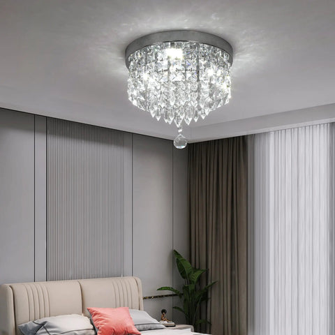 Dope Crystal Chandelier LED Ceiling Light Flush Mount In Stainless Steel With Beaded Shade in modern bedroom setting
