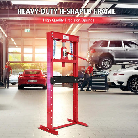Heavy Duty 12 Ton Hydraulic Press Featuring Slick Piston Action And Adjustable H Frame Stand For Garage Mechanics And Auto Repair Jobs in a garage setting.