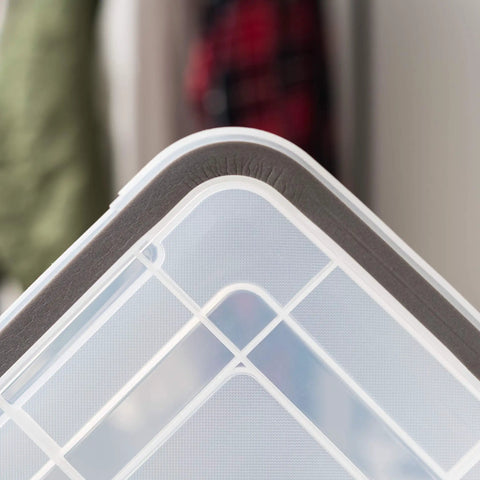 Corner view of Heavy Duty 47 Quart Plastic Storage Bin Sets With Secure Snap Lids showcasing durable design and airtight seal.
