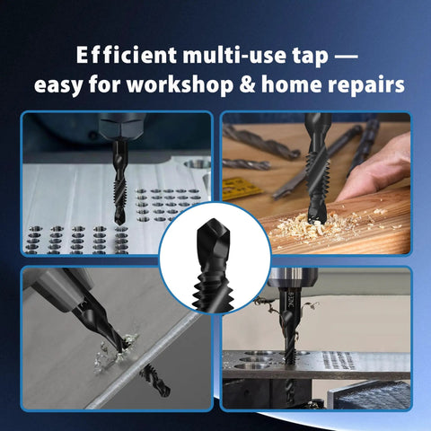 Combo Drill Bit And Tap Set For Quick Threading, Imperial And Metric Sizes in use on metal and wood surfaces, close-up views.