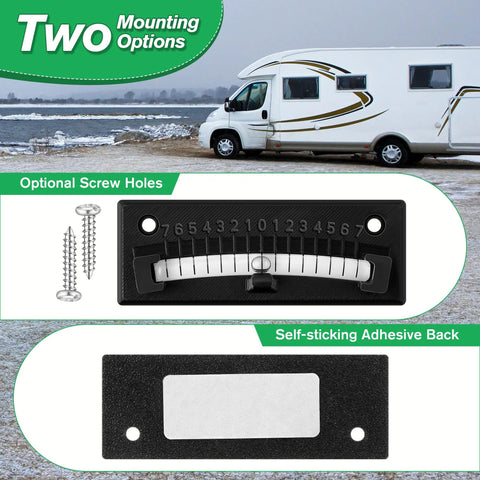 Close-up of Rock Solid RV Bubble Level featuring high visibility dial, showing mounting options and parts for easy camper setup.