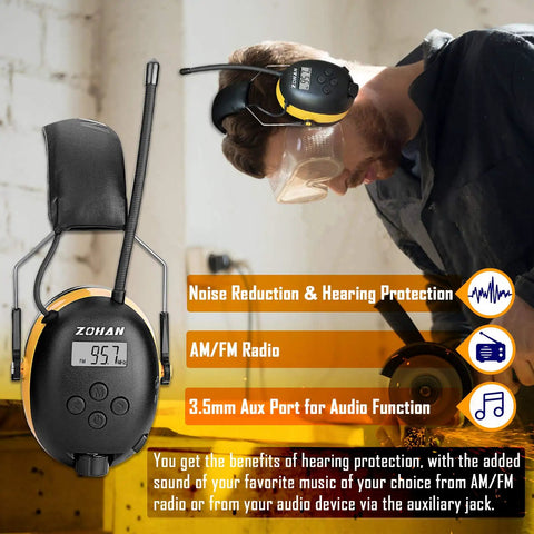 AM FM Radio Headphones With Digital Display Gel Ear Pads And Noise Reduction Earmuffs For All Day Hearing Protection Comfortable Yellow Safety Headset For Work Outdoors Or DIY Projects shown in use during woodworking