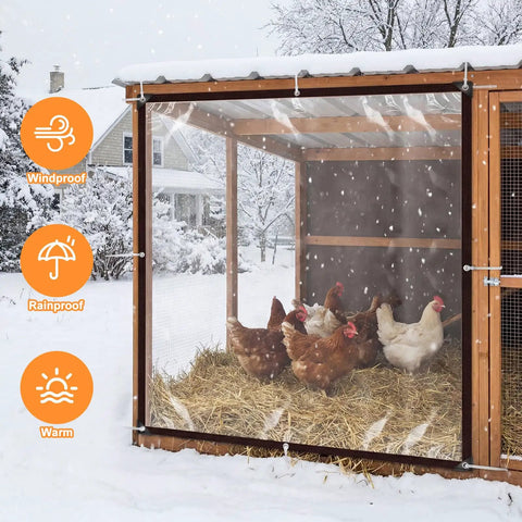Clear Waterproof Tarp 13x13 Feet With Grommets Built Tough PE Cover on chicken coop in snow, providing insulation