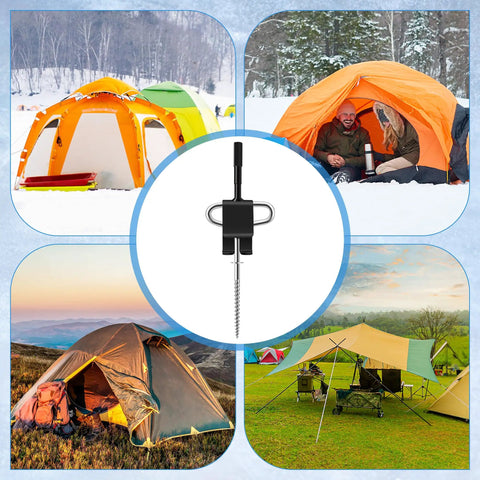 Rock Solid Universal Ice Anchor Drill Adapter Kit With Rugged Nylon Straps Auto Lock Buckles And Heavy Duty Fishing Tent Stakes For Frosty Weekend Projects, showcasing tents in snow and on grass.