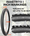 Foldable Mountain Bike Tire Set For 26 And 29 Inch Wheels With Inner Tubes Repair Kit Rim Strips Tire Levers And AV 32mm Schrader Valves For Rugged Off Road Commuter And Trail Riding showing tire size and inflation details.