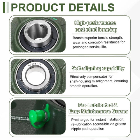 Heavy Duty Cast Iron Pillow Block Bearing With Self Aligning Design And 7/8 Inch Bore close-up view showing grease fitting and steel housing.
