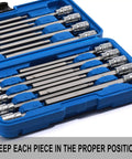 Open case displaying Extra Long Hex Bit Socket Set Three Eighths Inch Drive With Chrome Vanadium Steel S2 Bits organized neatly.