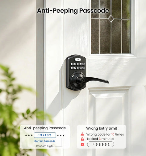 Zero Hassle Smart Keyless Entry Door Lock Featuring Heavy Duty Zinc Alloy Handle And Sleek Matte Black Finish For Front Doors Or Apartments With Reliable Auto Locking And Backup Keys Ready on white door.