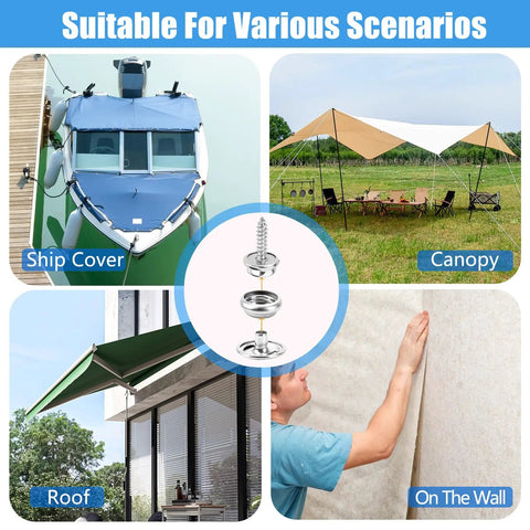 Total Boss 213-Piece Canvas Snap Kit With 3/8 Inch Stainless Marine Grade Snaps shown in various uses like boat and awning