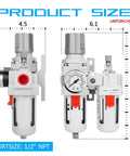 Half Inch NPT Pro Grade All In One Filter Regulator Lubricator Combo with water and oil trap, poly bowl, semi auto drain shown
