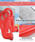 Heavy Duty Lifting Hooks For Shipping Containers With Clear Left And Right Safety Guidance Forged Steel Durable Dockside Gear Built For Industrial Warehousing And Logistics Pros, shown in bright red with corrosion-resistant paint and high-quality alloy steel detailing.