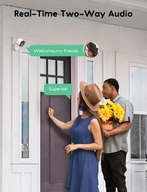 Outdoor Security Camera 2K Ultra Clear Home Surveillance With Color Night Vision AI Human And Pet Detection 2 Way Audio showing real-time interaction at a front door.