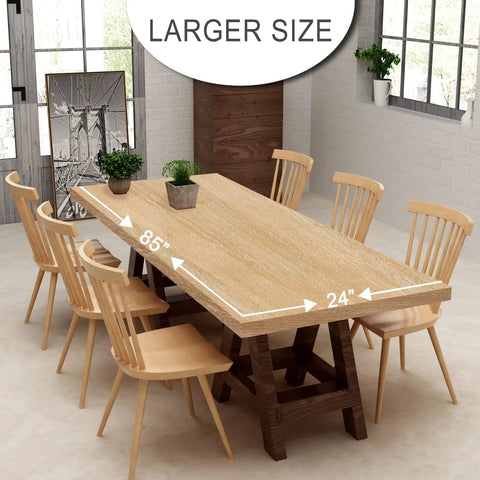 Dining room with yellow oak table covered with 24 Inch Wide Faux Wood Wallpaper Roll Peel And Stick Realistic Yellow Oak Wood Grain Self Adhesive PVC Vinyl For Cabinets Furniture And Walls Large 64 Sq Ft Roll Easy Install Removable And Durable DIY Friendly, surrounded by six chairs.