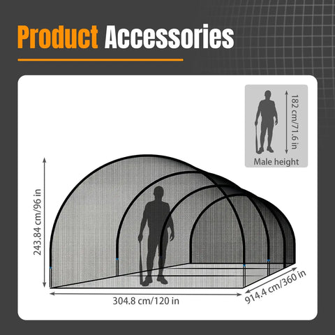 30Ft Portable Baseball and Softball Batting Cage for Backyard Drills with height reference guide next to cages