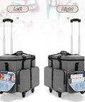 Left and right view of gray rolling scrapbook tote on wheels with detachable trolley and external pockets for crafting supplies.