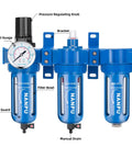 Three-Stage Air System With Zinc Alloy Body, Built Tough, Particulate Filter, Coalescing Filter, Desiccant Dryer, And Regulator