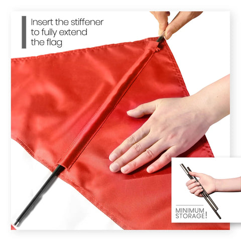 Hands inserting stiffening pole into Diver Down Warning Flag With Removable Stiffening Pole 20 By 24 Inch Red And White Diving Flag
