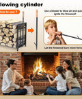 15.5 Inch Compact Metal Firewood Rack with Built-In Fire Blower for indoor fireplaces shown with family using blower