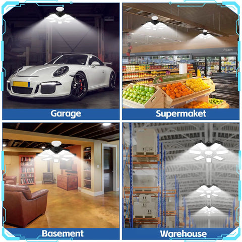 Ultra Bright 7 Plus 1 Panel LED Garage Light 6500K Ceiling Fixture illuminating garage, supermarket, basement, and warehouse