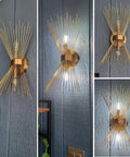Gold Starburst Wall Sconce Set Of Two For Living Room Bedroom And Hallway Modern Mid Century Style Luxury Metal Art Deco Lighting Accent, brushed brass on blue wall