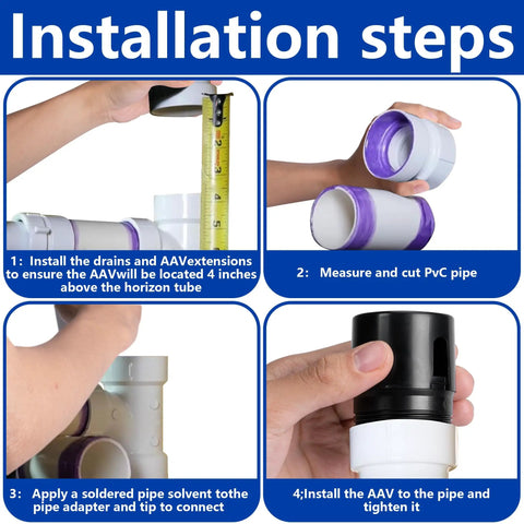 Step-by-step installation guide for Four Pack 1-1/2 Inch Npt Threaded Abs In Line Valve Vents RV camper plumbing.