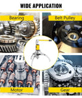 Beefy Hydraulic Wheel Bearing Puller Separator Kit Delivering Five To Twenty Ton Torque shown alongside bearings, pulleys, motor, and gears.